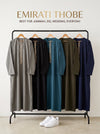 Emirati thobe colours for men — white, black, navy and olive grey