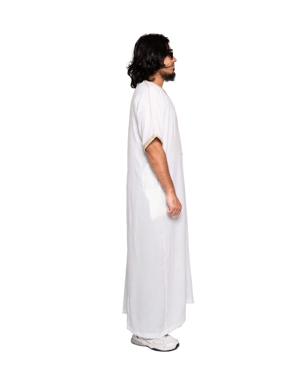 Moroccan Thobe White Gold for Men – Full Length Side Profile | Furqanwear