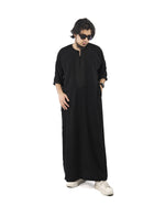 Black Moroccan Thobe for Men – Premium quality thobe by Furqanwear, available in Canada & USA.