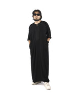 Black Moroccan Thobe for Men – Premium quality thobe by Furqanwear, available in Canada & USA.