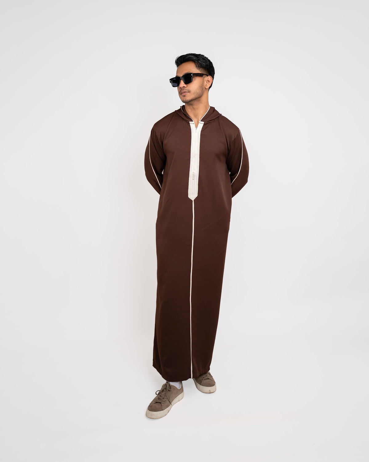 Djellaba Wooden Brown for Men – Full Length Front, Hood Down | Furqanwear