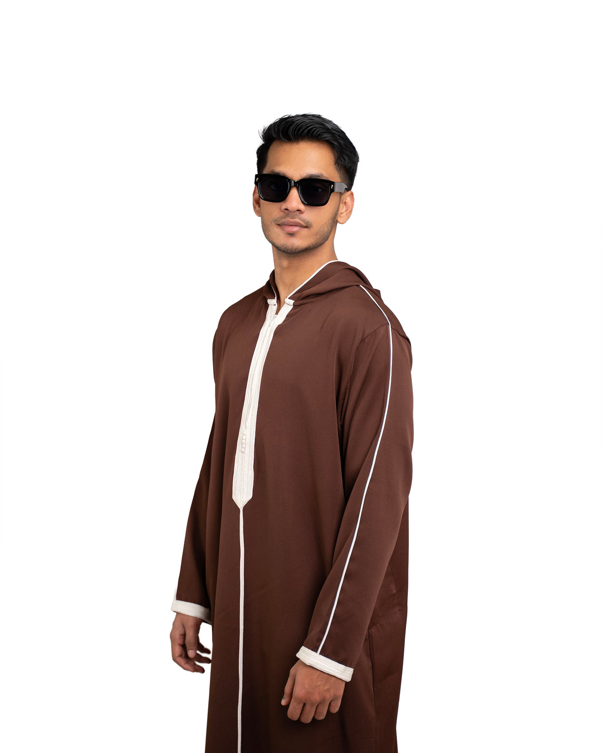 Djellaba Wooden Brown for Men – Side Profile, Hood Detail | Furqanwear