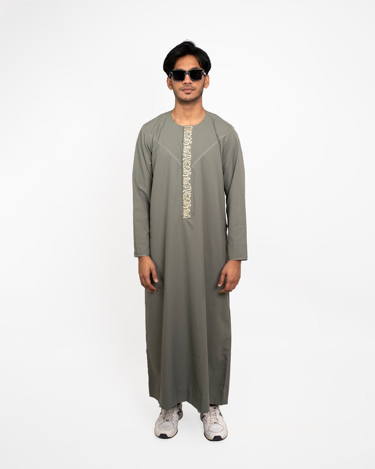 Emirati Thobe Olive Grey for Men – Full Length View | Furqanwear