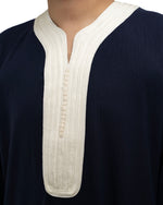 Navy White Moroccan Thobe white sfifa embroidery chest detail — Furqanwear