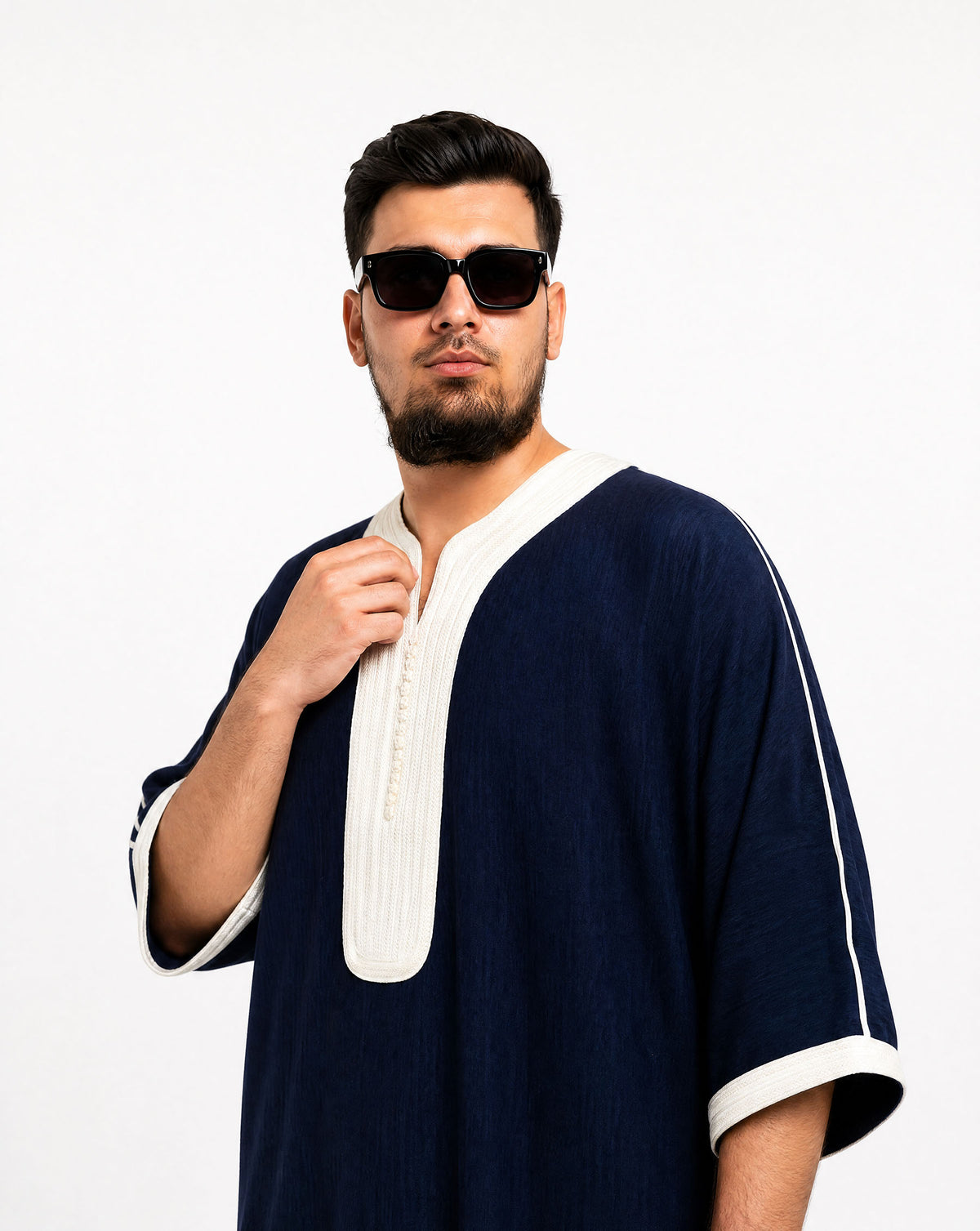 Navy White Moroccan Thobe by Furqanwear, front view with white sfifa embroidery — Canada