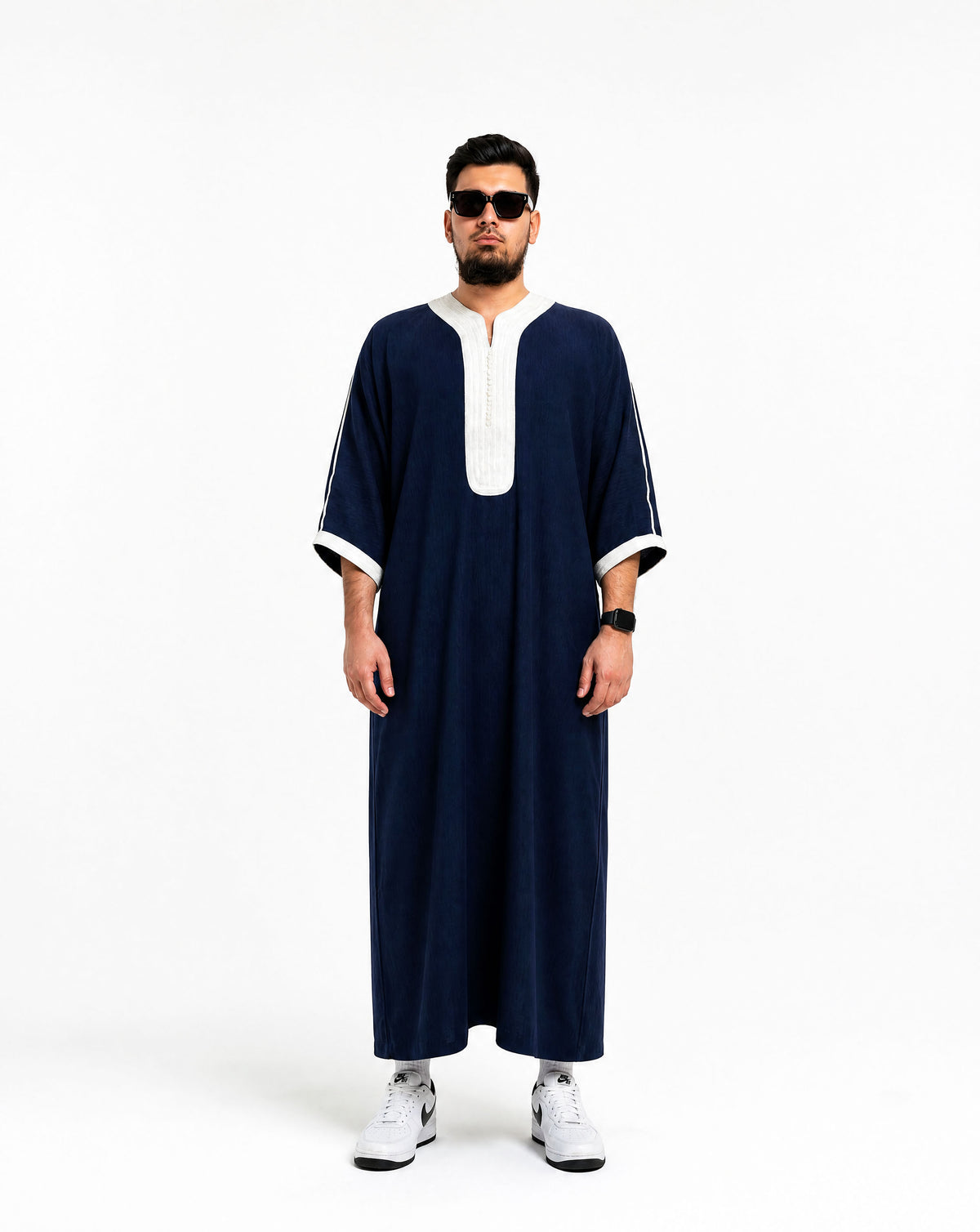Men's Navy White Moroccan Thobe half-sleeve full length — Furqanwear Toronto