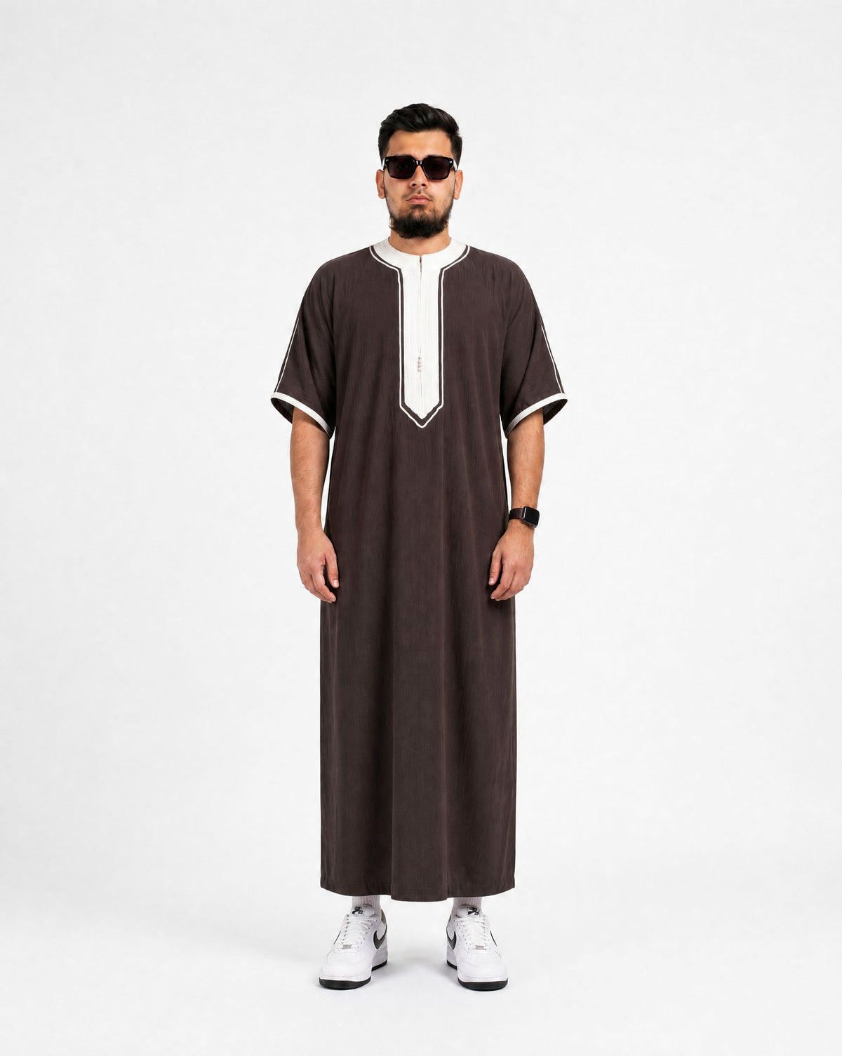 Brown Moroccan Thobe — The Artisan by Furqanwear, front view with sfifa embroidery