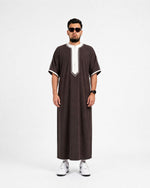 Brown Moroccan Thobe — The Artisan by Furqanwear, front view with sfifa embroidery