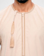 Peach Cream Omani Thobe – close up 100% wrinkle-free spun polyester soft peach fabric | Furqanwear