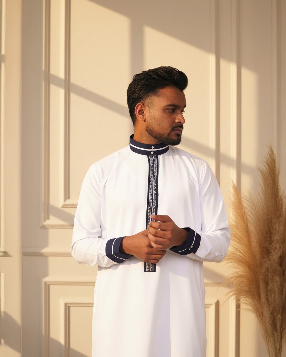 Classic White Embroidery Thobe Jubba flat lay product shot – Furqanwear USA