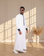 Classic White Embroidery Thobe Jubba full-length front view – Furqanwear USA