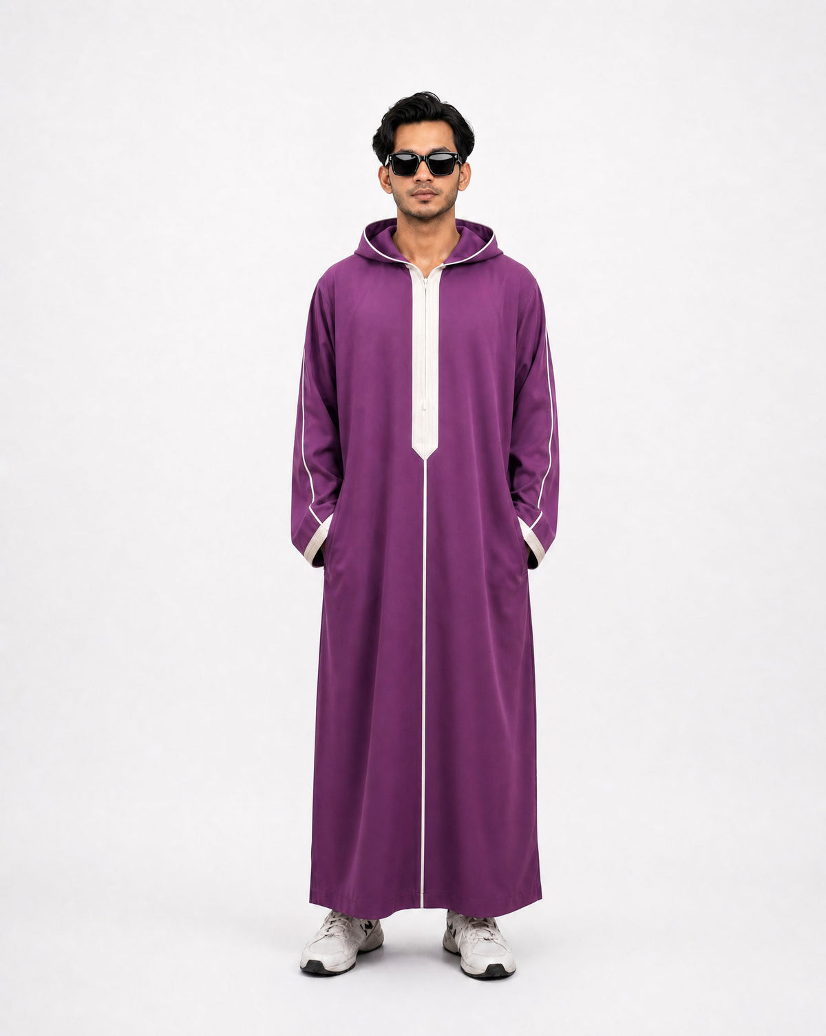 Deep purple djellaba for men — front view of the hooded Moroccan robe by Furqanwear