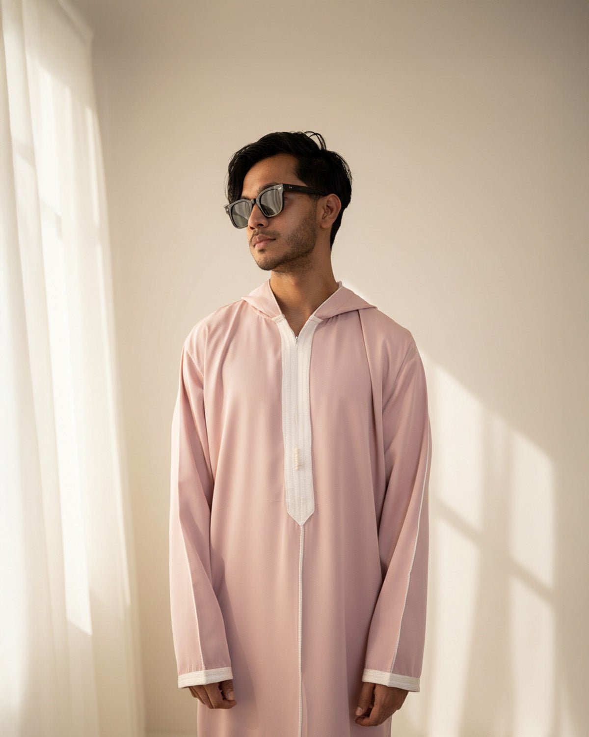 Dusty Rose Djellaba Hooded Thobe – side profile deep qob hood detail warm rose earth tone | Furqanwear Canada