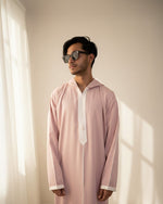 Dusty Rose Djellaba Hooded Thobe – side profile deep qob hood detail warm rose earth tone | Furqanwear Canada