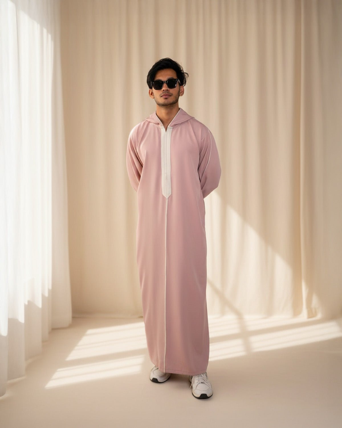 Dusty Rose Djellaba Hooded Thobe for men – front view full length microfiber robe | Furqanwear Canada