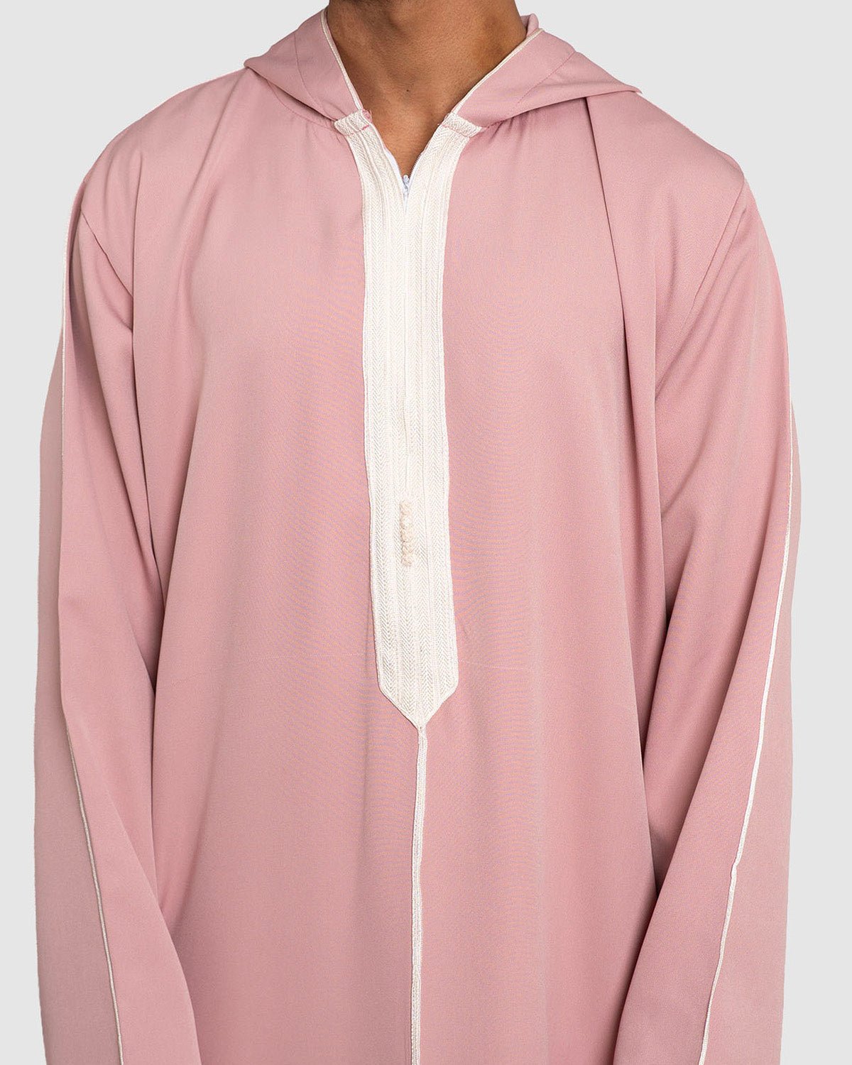Dusty Rose Djellaba Hooded Thobe – close up premium microfiber fabric dusty rose texture | Furqanwear Canada