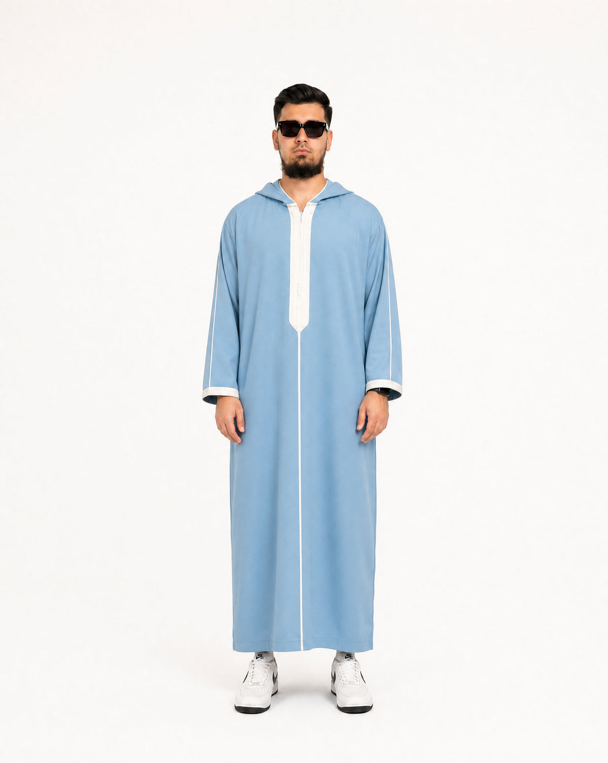Slate blue djellaba for men — front view of the hooded Moroccan robe by Furqanwear