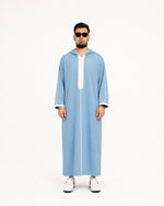 Slate blue djellaba for men — front view of the hooded Moroccan robe by Furqanwear