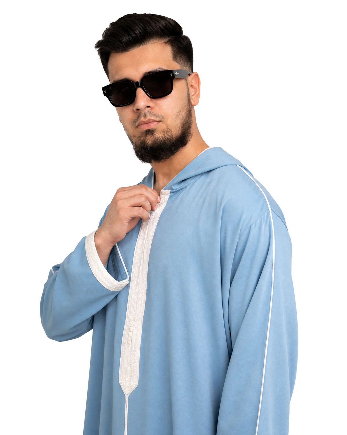 Side profile of the men's slate blue hooded Moroccan robe by Furqanwear