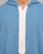 Close-up of the qob hood on the Furqanwear slate blue djellaba