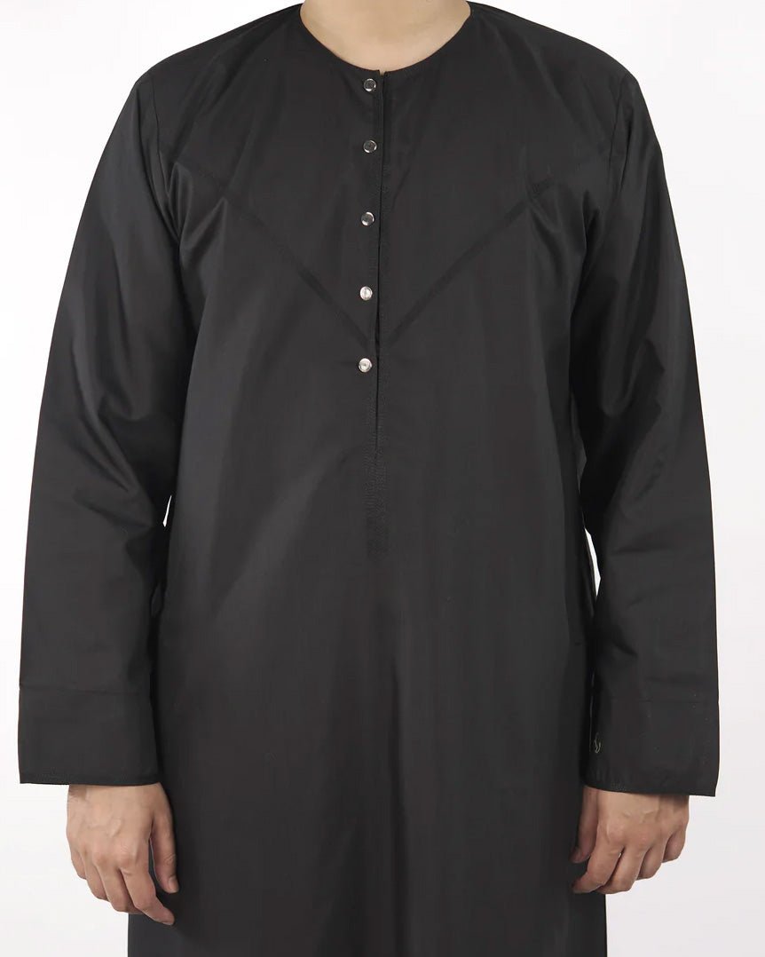 Emirati Thobe Black Front Detail – Modest Islamic Wear USA & Canada