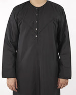 Emirati Thobe Black Front Detail – Modest Islamic Wear USA & Canada