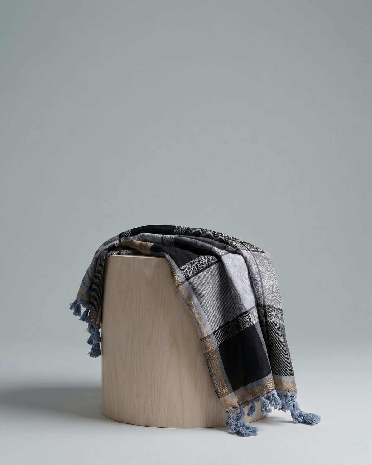 Slate and silver keffiyeh scarf with traditional Palestinian fishnet woven pattern — Furqanwear