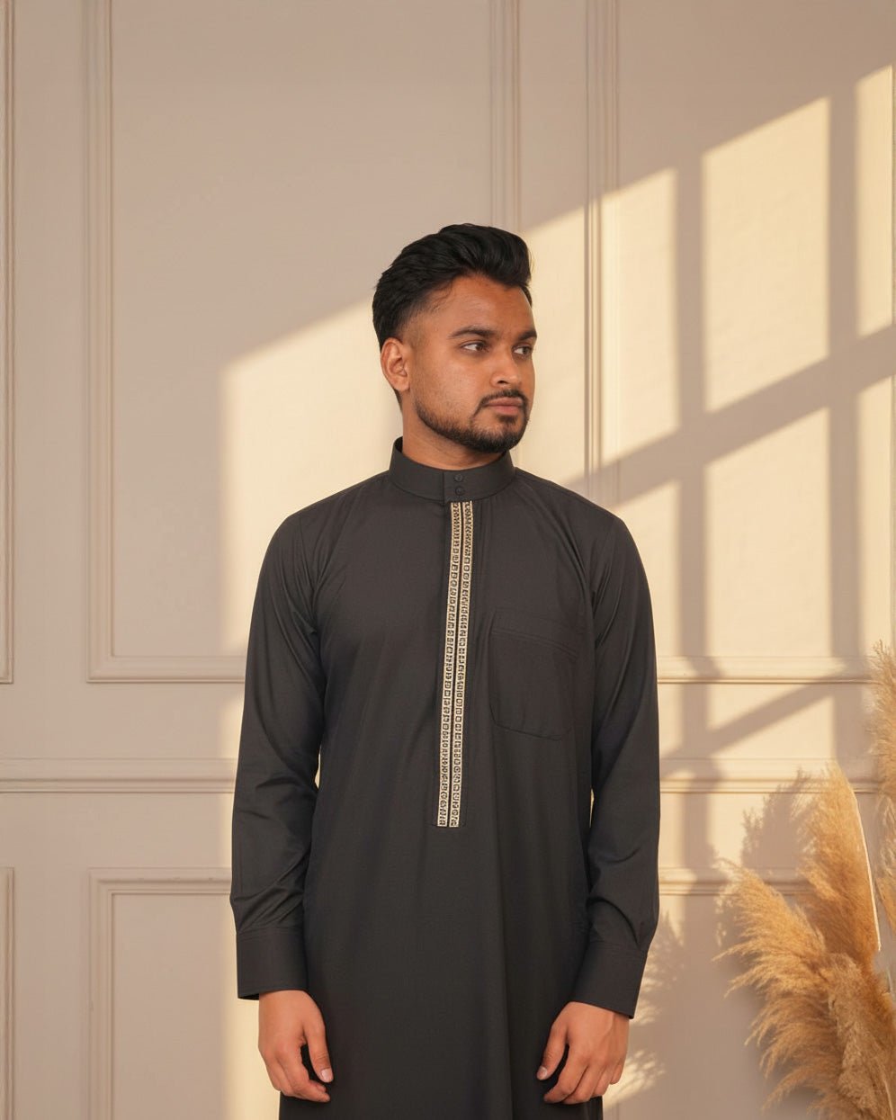Black Saudi Thobe with Golden Embroidery for men — Furqanwear Canada