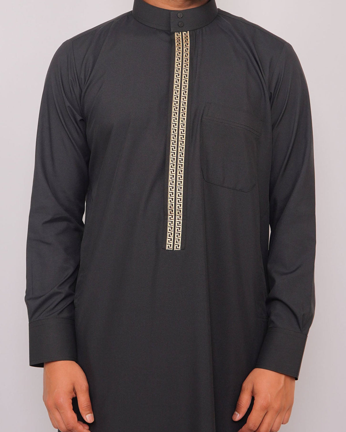 Close-up of Golden Embroidery on Black Saudi Thobe collar and placket — Furqanwear Canada