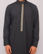 Close-up of Golden Embroidery on Black Saudi Thobe collar and placket — Furqanwear Canada