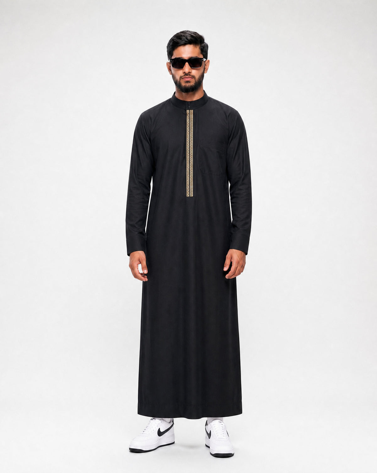 Black Saudi thobe for men with gold embroidery and structured collar — Furqanwear