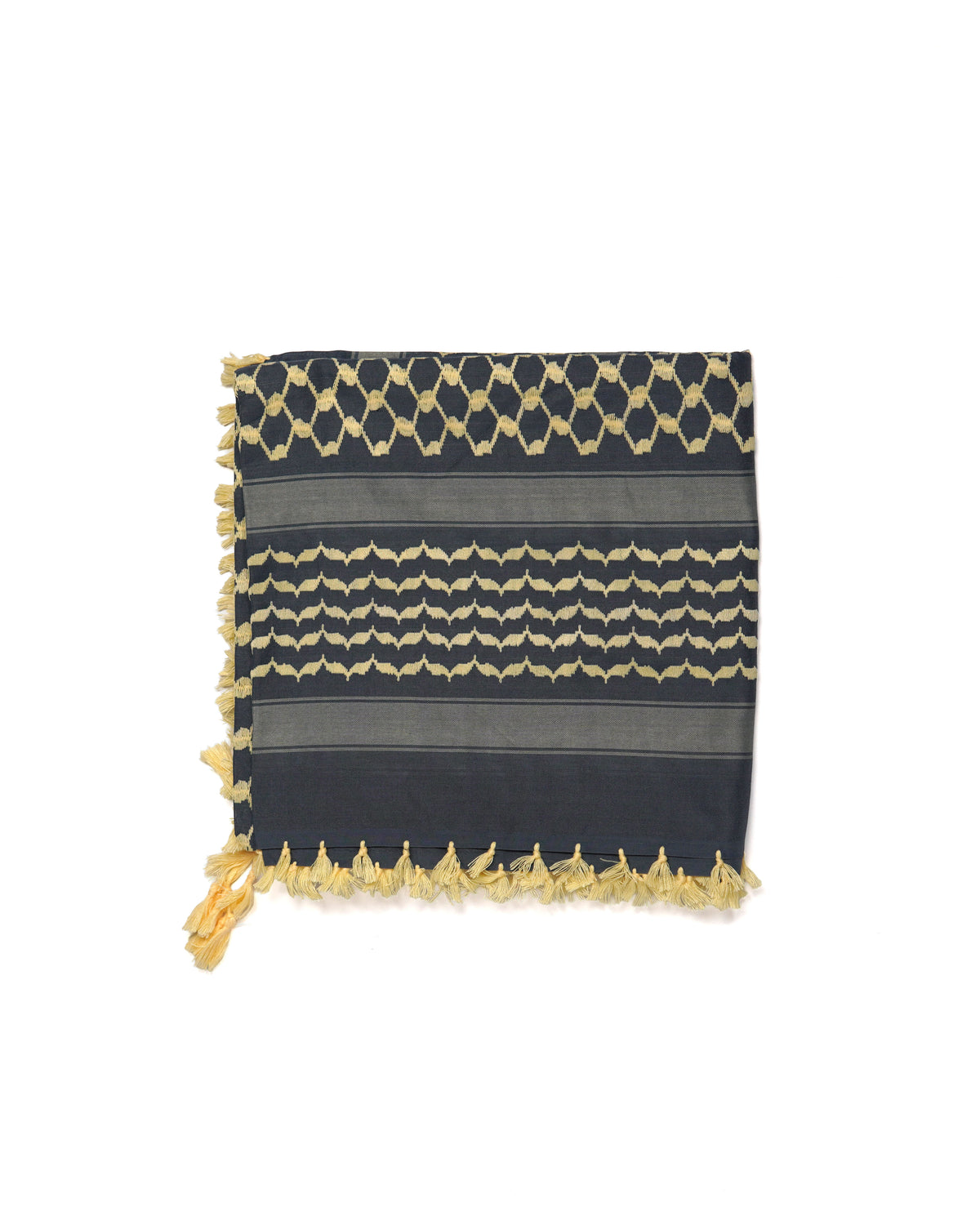 Black and Yellow Authentic keffiyeh (shemagh) available online, Toronto, near Toronto, Ontario. Traditional kaffiyeh (kufiya) design. Versatile keffiyeh scarf and arab head scarf. Also a stylish shemagh scarf. Learn how to wear a keffiyeh and about keffiyeh and shemagh