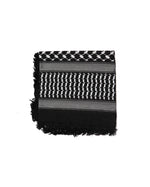Black and White Authentic keffiyeh (shemagh) available online, Toronto, near Toronto, Ontario. Traditional kaffiyeh (kufiya) design. Versatile keffiyeh scarf and arab head scarf. Also a stylish shemagh scarf. Learn how to wear a keffiyeh and about keffiyeh and shemagh
