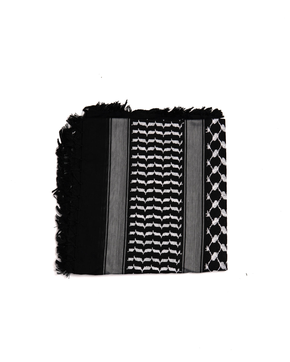 Black and White Authentic keffiyeh (shemagh) available online, Toronto, near Toronto, Ontario. Traditional kaffiyeh (kufiya) design. Versatile keffiyeh scarf and arab head scarf. Also a stylish shemagh scarf. Learn how to wear a keffiyeh and about keffiyeh and shemagh