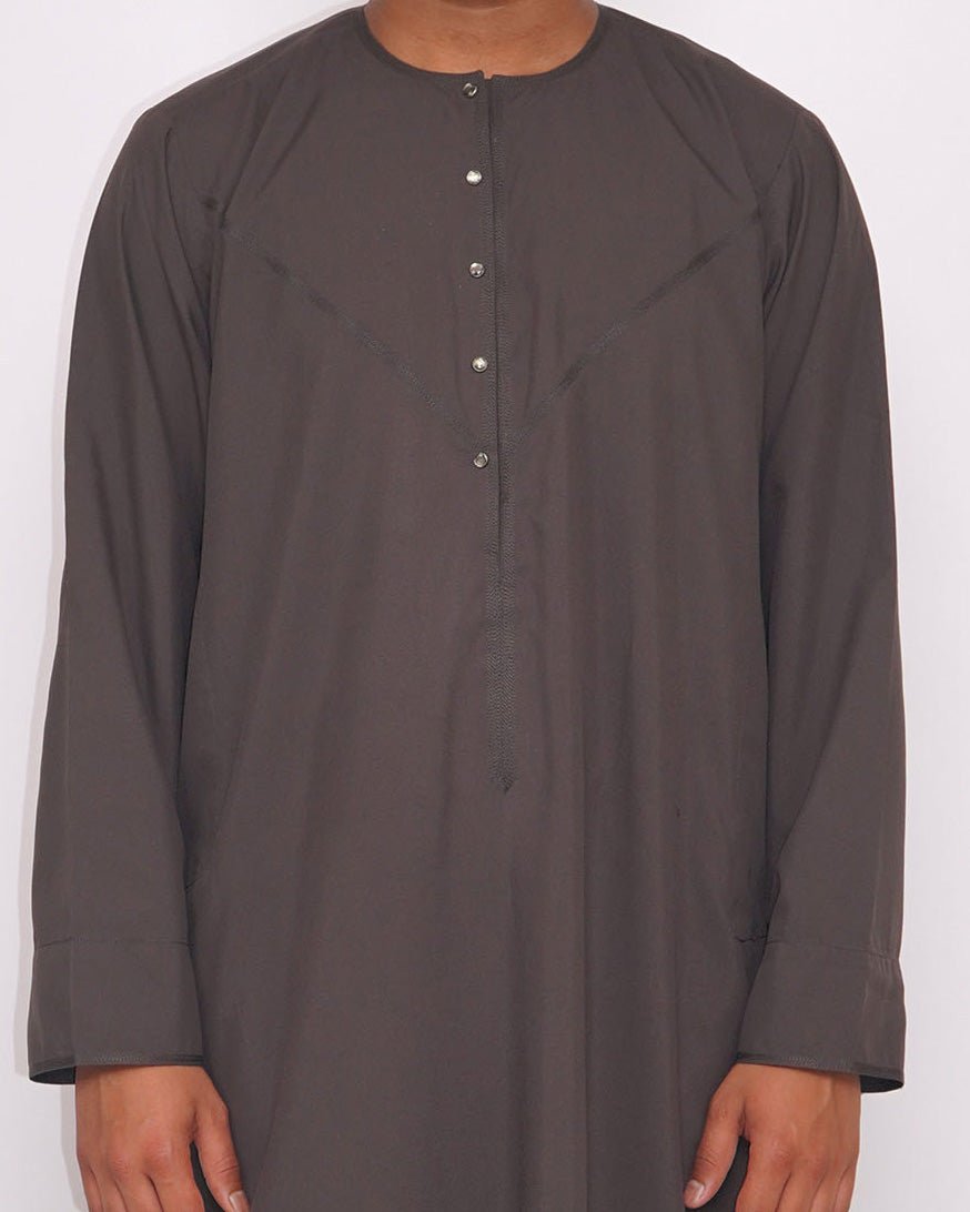 Emirati Thobe Light Brown Detail View – Wrinkle-Free Modest Wear USA