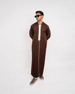 Djellaba Wooden Brown for Men – Full Length Front, Hood Down | Furqanwear