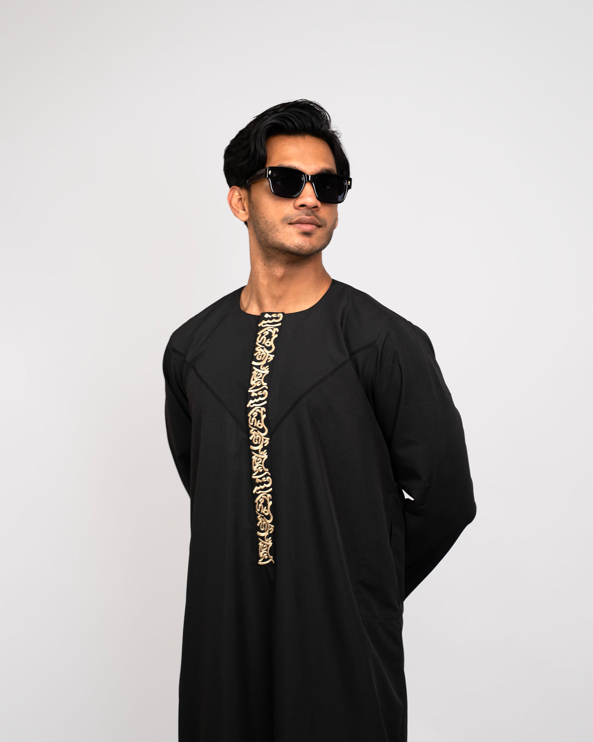 Emirati Thobe Black Embroidered Half View – Modest Islamic Wear USA