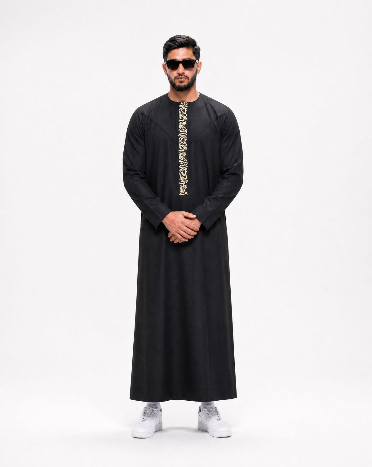 Emirati Thobe Embroidered - Black full length view - Furqanwear