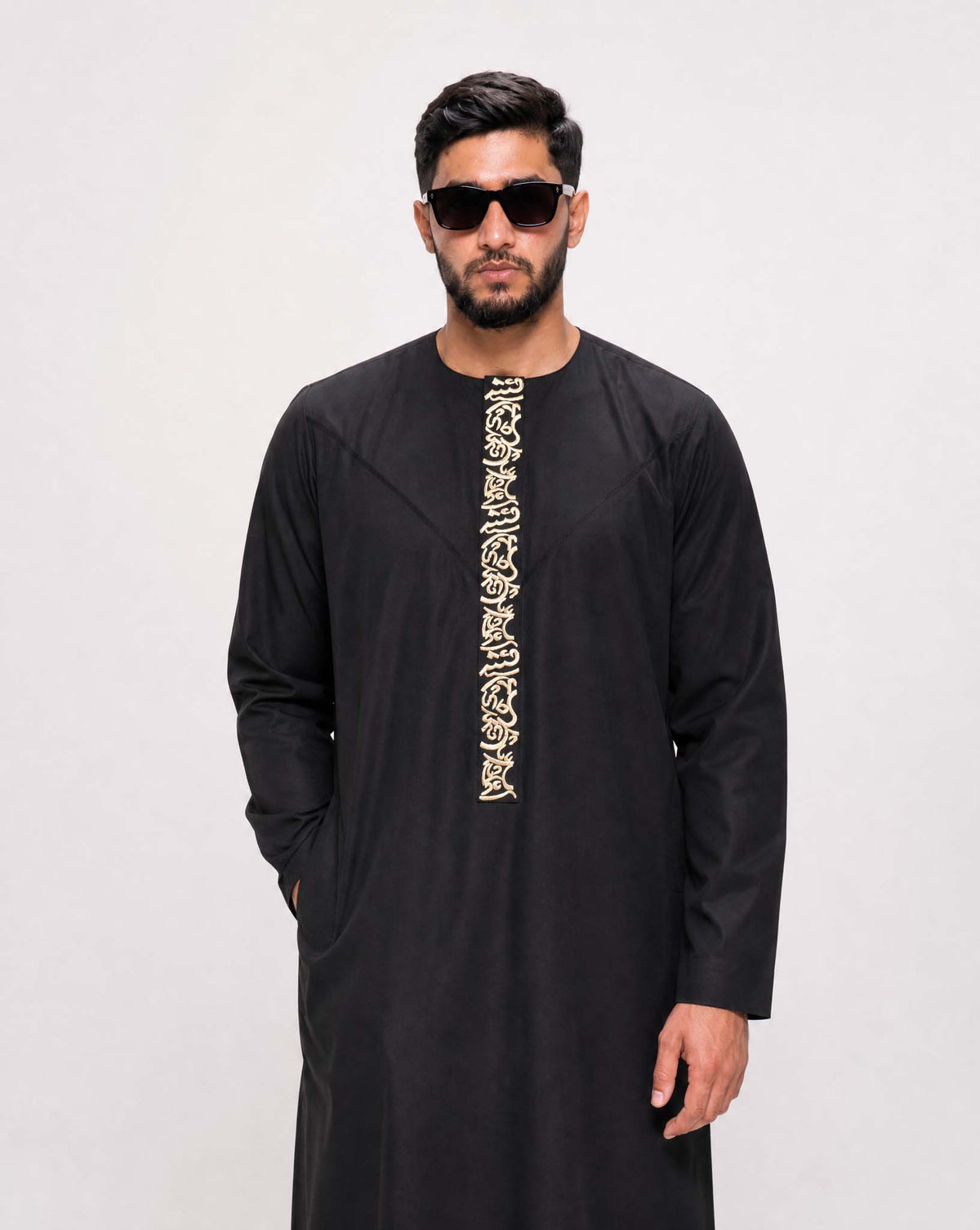 Emirati Thobe Embroidered - Black half view - Furqanwear