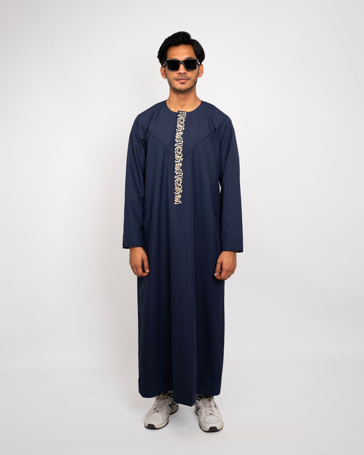 Navy Blue Emirati Thobe Embroidered full length — authentic kandura for Muslim men