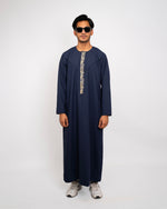 Navy Blue Emirati Thobe Embroidered full length — authentic kandura for Muslim men