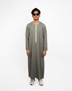 Emirati Thobe Olive Grey for Men – Full Length View | Furqanwear