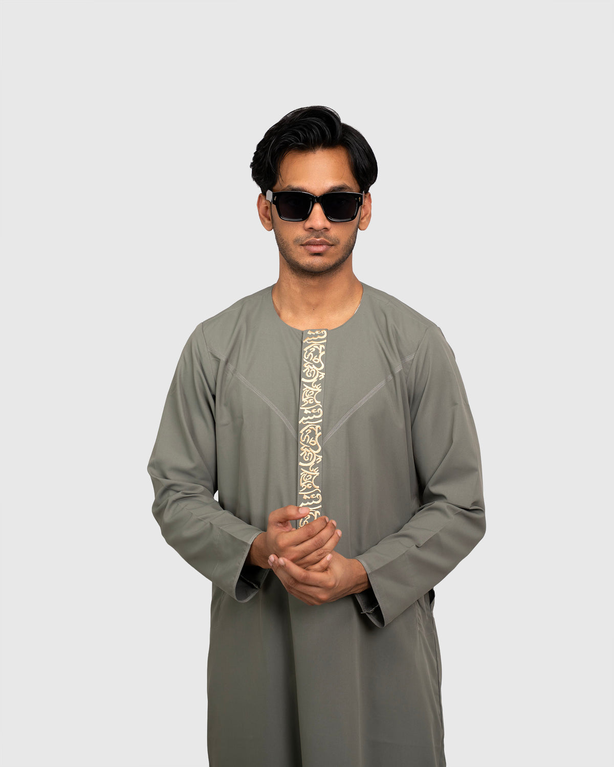 Emirati Thobe Olive Grey for Men – Three Quarter View, Full Length | Furqanwear