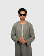 Emirati Thobe Olive Grey for Men – Three Quarter View, Full Length | Furqanwear