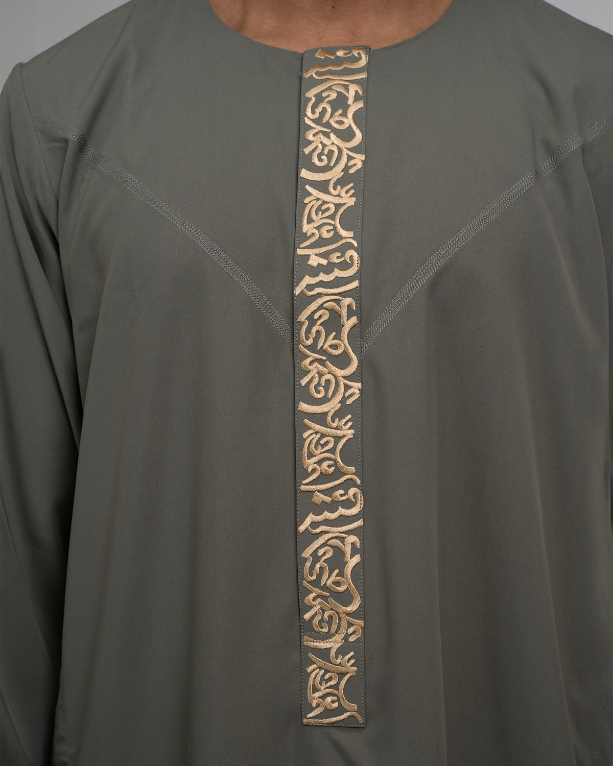 Emirati Thobe Olive Grey for Men – Side Profile, Collar Detail | Furqanwear