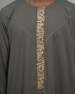 Emirati Thobe Olive Grey for Men – Side Profile, Collar Detail | Furqanwear
