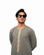 Emirati Thobe Olive Grey for Men – Tonal Embroidery, Front View | Furqanwear