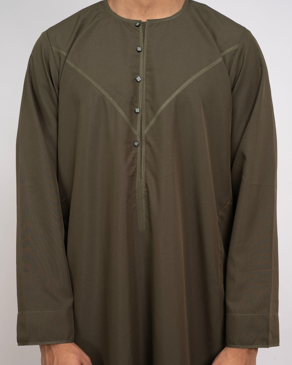 Emirati Thobe Dark Olive for Men – Three Quarter View, Full Length | Furqanwear