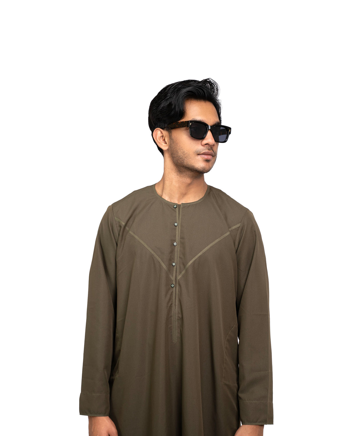 Emirati Thobe Dark Olive for Men – Tonal Embroidery, Front View | Furqanwear
