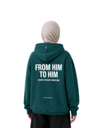 Man wearing dark green Furqanwear Islamic hoodie, front view with FURQAN wordmark and kangaroo pocket